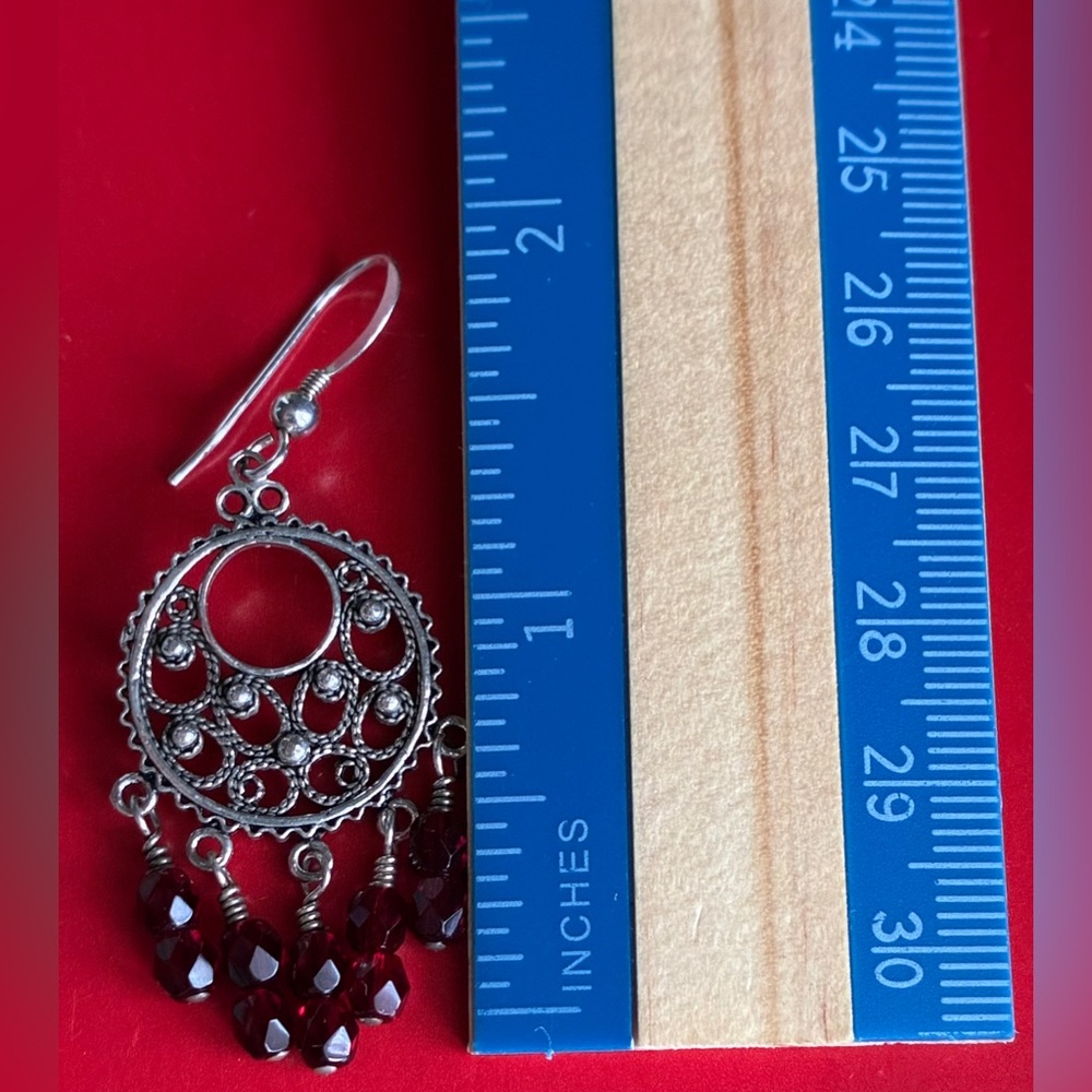 925 Sterling Silver Earrings,Filigree Dangle Earrings with Garnet Red Bead Drops - Picture 2 of 7
